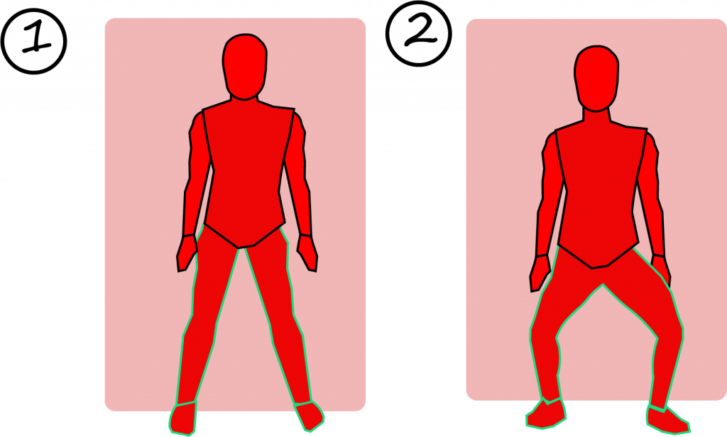 Illustration depicting the correct execution of knee bends against a wall in a standing position. The first half shows the starting position, while the second half demonstrates the form resembling a half squat.