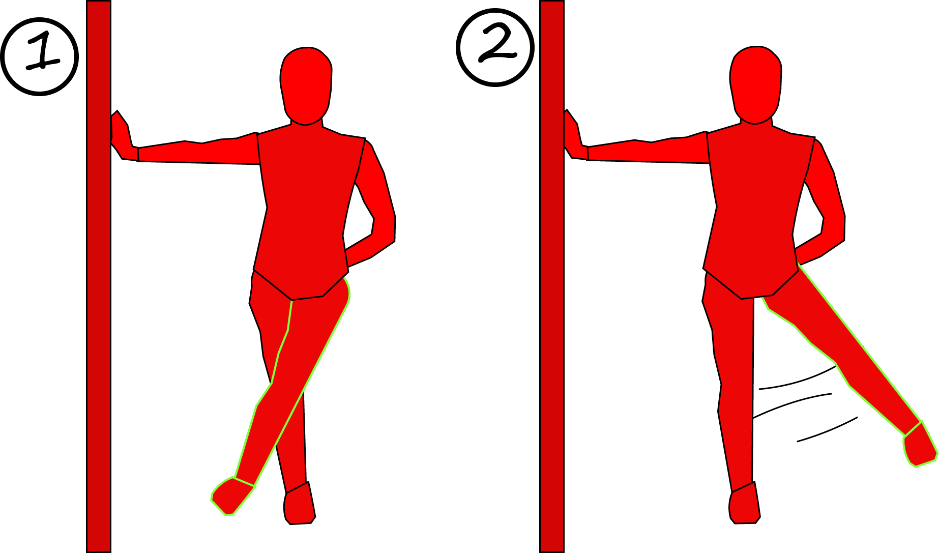 Illustration demonstrating proper technique for leg swings against a wall, standing position. The first half depicts the starting position, while the second half showcases controlled swinging of the leg, specifically targeting the injured knee