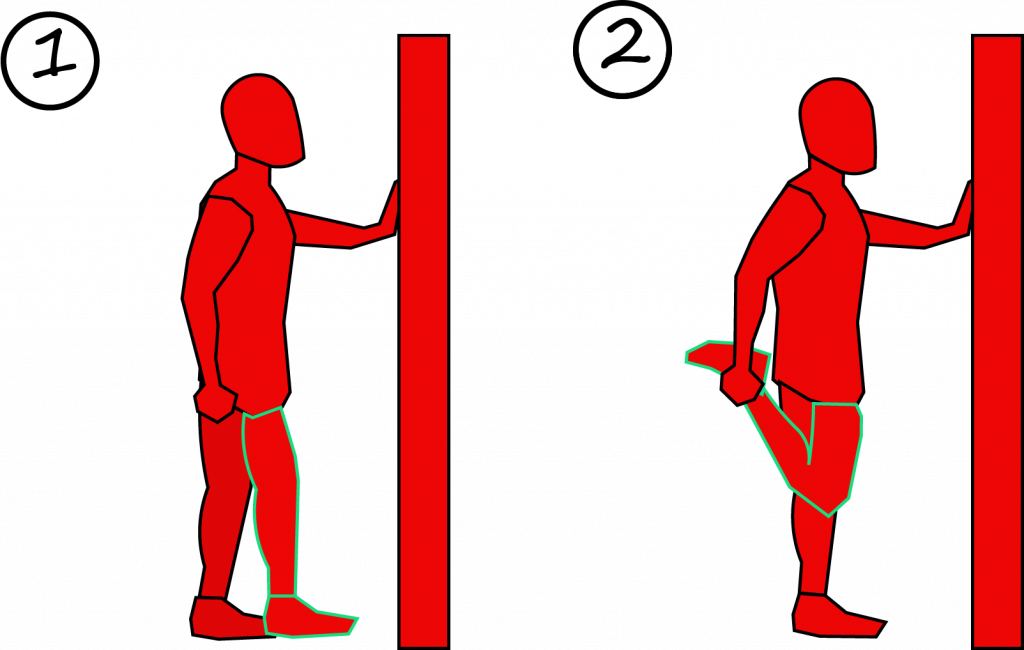 Illustration demonstrating the proper execution of quadriceps stretches against a wall, standing position. The image showcases the starting position and the stretch for optimal knee pain relief.