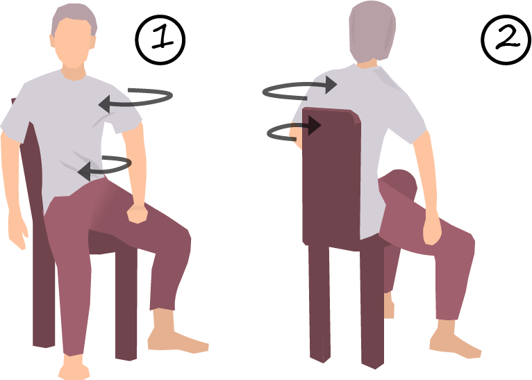 Illustration of an older person performing seated back stretches for improved flexibility and tension relief.