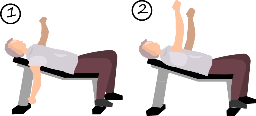 Illustration of an elderly man properly performing the seated chest press exercise for chest muscles