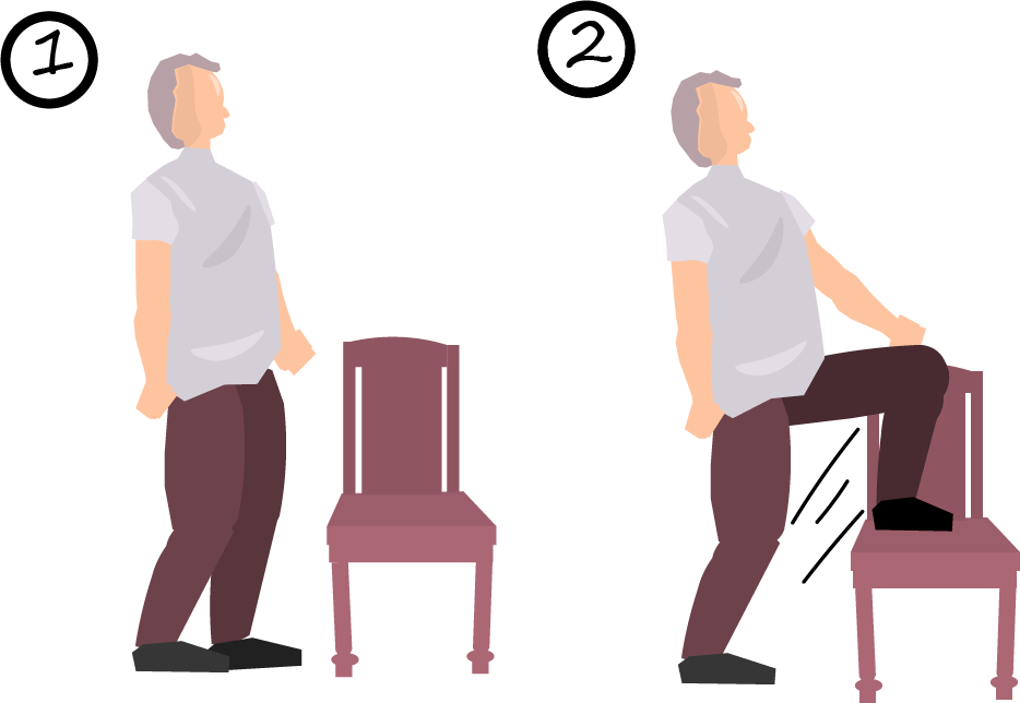 Old men placing his foot on a chair, to hold and release it after that, to train his hip and thigh.